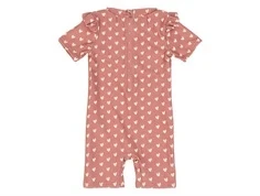 Mørk rosafarvet badedragt med korte ærmer og ben og med printede råhvide hjerter fra Petit Piao PP420 withered rose heart bagfra